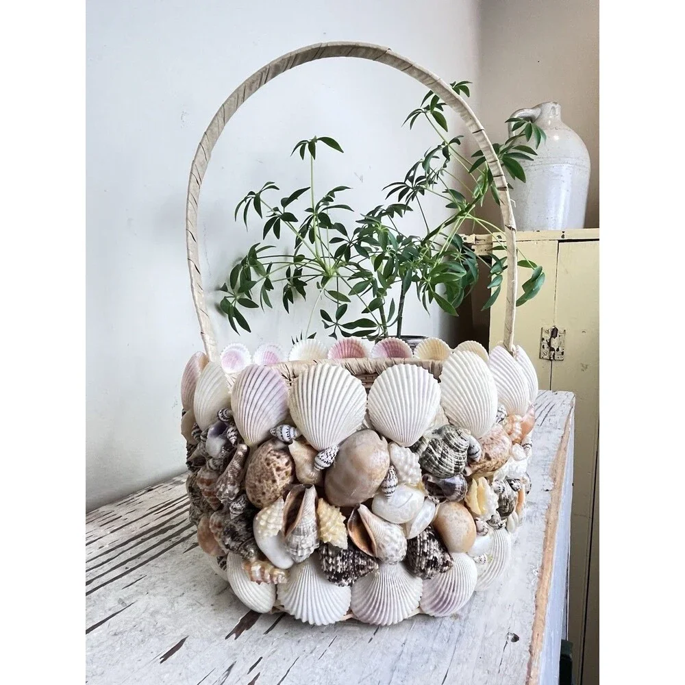 Vintage Nautical Coastal Shell Encrusted Decorative Handled Basket / Beach Home